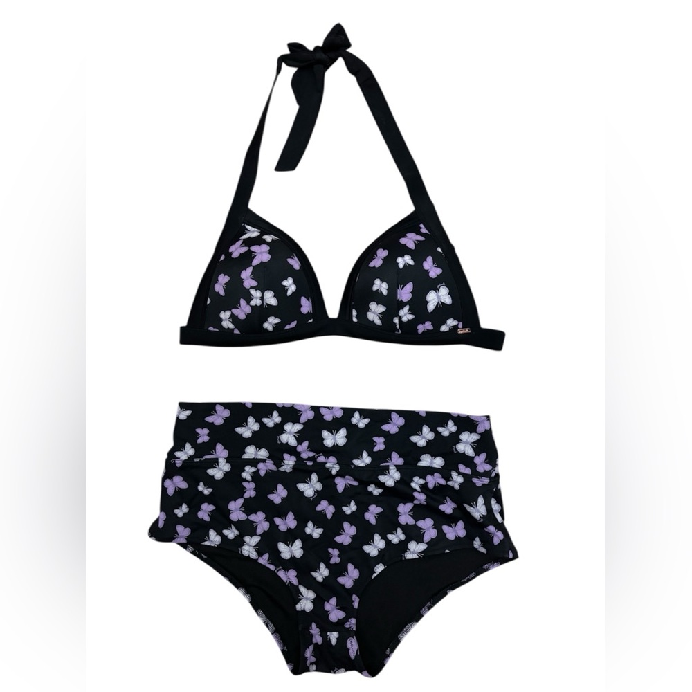 PINK Victoria's Secret Black Bikini with Pink and White Butterfly Print